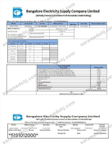 INDIA BESCOM utility bill Word and PDF template